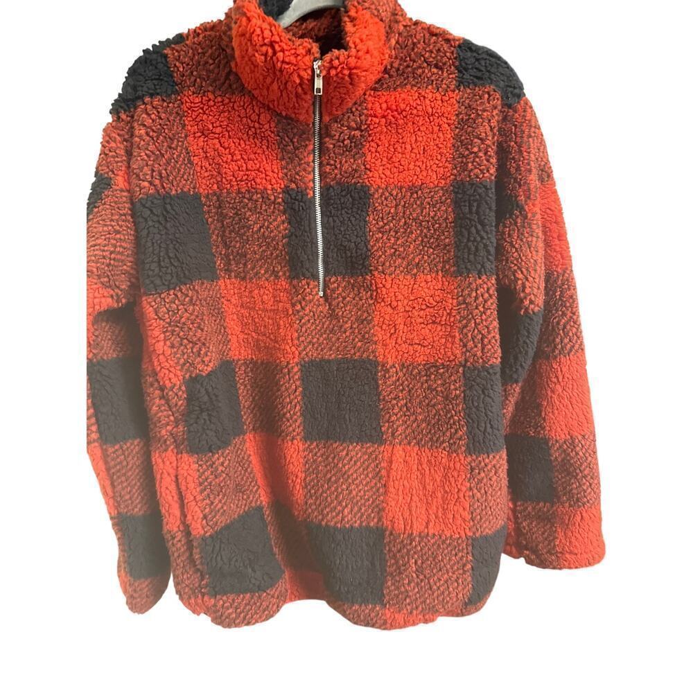 Women's red Plaid Sherpa Fleece Zip Sweatshirt Pockets Pullover Jacket L